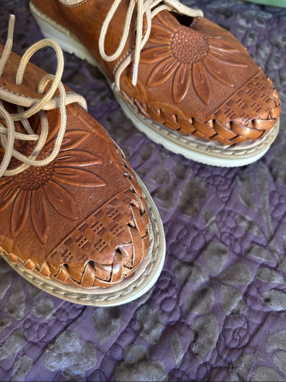Huaraches (7) Embossed Brown Leather Sunflower & Woven Design Lace-up Loafer - Picture 12 of 12
